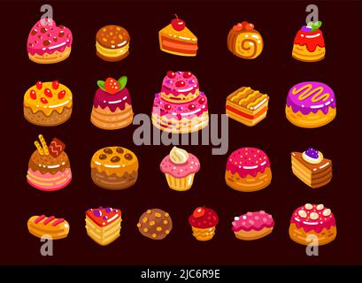 Sammlung lecker dekoriert süßen Desserts und Süßigkeiten. „Kuchen und Gebäck“-Icon-Set. Cartoon-Vektorgrafik Stock Vektor