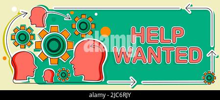 Schreiben mit Text Hilfe gewünscht. Wort für Werbung in der Zeitung von Arbeitgebern platziert suchen Mitarbeiter mehrere Köpfe mit Zahnrädern angezeigt Stockfoto