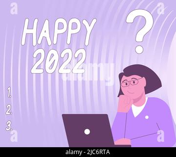 Schild mit Happy 2022. Wort für Zeit oder Tag, an dem ein neues Kalenderjahr beginnt, ab jetzt Lady Drawing Brainstorming Neue Lösungen umgeben von Stockfoto