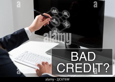 Inspiration zeigt Zeichen Bad Credit Frage. Geschäftsanflug Geschichte, wenn es darauf hinweist, dass der Kreditnehmer ein hohes Risiko hat -47385 Stockfoto