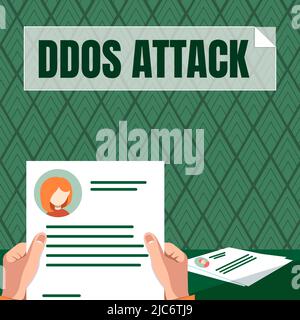 Konzeptioneller Titel DDoS-Angriff. Internet-Konzept Täter versucht, Netzwerk-Ressource nicht verfügbar zu machen Hände Halten Lebenslauf zeigt neue Karriere Stockfoto