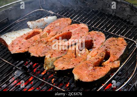 Lachsfilet auf einem Grillrost. Rotbarsch-Steaks in der Marinade über heißen Kohlen. Nahaufnahme von gegrillten Lachssteaks. Stockfoto