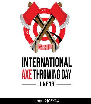 Internationaler Axe-Wurftag 13. Juni in Holztarget, Vorlage für Banner und Poster sowie Logo-Design. Vektorgrafik Stock Vektor