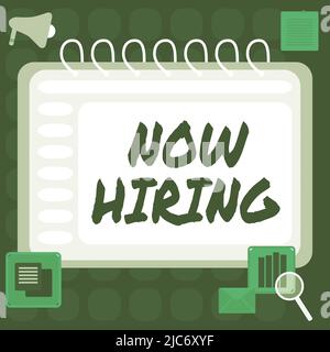 Schreiben, Text anzeigen Jetzt einstellen. Business Showcase kündigt an, dass bestimmte Unternehmen, die nach neuen Talenten suchen, Blank Spiral Notebook mit Einem Öffnen Stockfoto