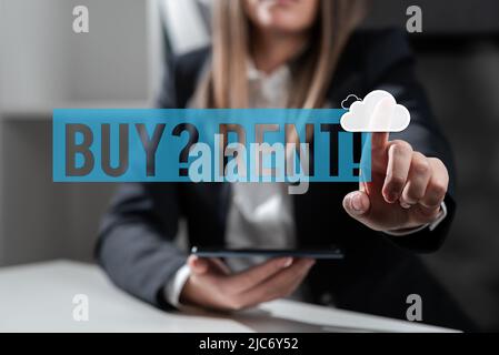 Textschild mit der Anzeige Kauffrage Miete. Business Concept Group, die Informationen über die Vermietung von Häusern gibt -47242 Stockfoto