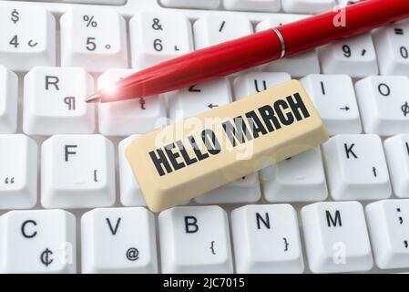 Schild zeigt Hallo März an. Internet-Konzept musikalische Komposition in der Regel in duple oder vierfach mit Beat -48538 Stockfoto