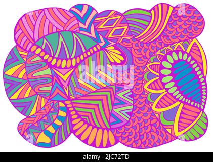 Hippie hell Sommer psychedelisch abstrakt, rosa violett grün blau Farbe tripy Hintergrund. Dekorativ lebhaft-stilvolles Muster. Stock Vektor