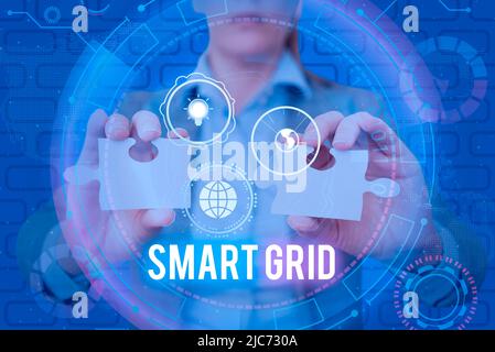 Handschrift Text Smart Grid. Business Showcase umfasst Betriebs- und Energiemaßnahmen, darunter Meter Lady in Suit mit zwei Puzzleteilen Stockfoto