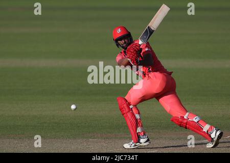 CHESTER LE STREET, UK JUN 10. Lancashire's Liam hat beim Vitality Blast T20-Spiel zwischen Durham County Cricket Club und Lancashire am Freitag, dem 10.. Juni 2022, im Seat Unique Riverside, Chester le Street, verletzt. (Kredit: Mark Fletcher | MI News) Kredit: MI Nachrichten & Sport /Alamy Live News Stockfoto