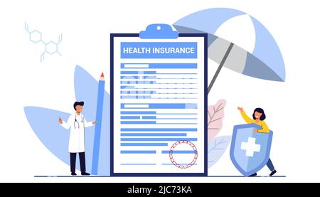 Krankenkasse Antragsformular Konzept großes Clipboard mit Dokument darauf unter dem Dach Healthcare Finance and Medicine Service Familienversicherung vect Stock Vektor