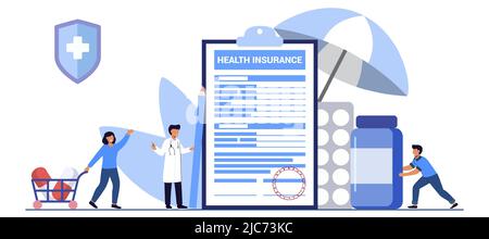 Krankenkasse Antragsformular Konzept großes Clipboard mit Dokument darauf unter dem Dach Healthcare Finance and Medicine Service Familienversicherung vect Stock Vektor