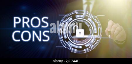 Textüberschrift mit Pros Cons Konzept, das die günstigen und ungünstigen Faktoren oder Gründe der Person zwei Köpfe verbunden Puzzle zeigt Stockfoto