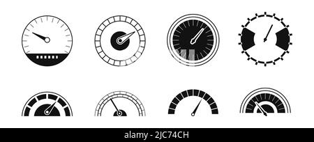 Geschwindigkeitsmesser Symbolvektor eingestellt. Maßstabsmesser in Umrissform. Tachometer-Symbol. Geschwindigkeitssymbol. Online-Geschwindigkeitsmesser für Fahrzeuge. Schnelle Geschwindigkeit Zeichen Linie ic Stock Vektor