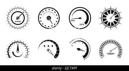 Geschwindigkeitsmesser Symbolvektor eingestellt. Maßstabsmesser in Umrissform. Tachometer-Symbol. Geschwindigkeitssymbol. Online-Geschwindigkeitsmesser für Fahrzeuge. Schnelle Geschwindigkeit Zeichen Linie ic Stock Vektor