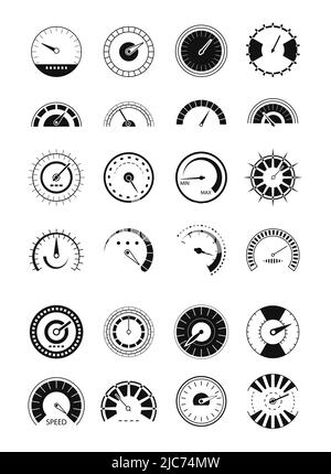 Geschwindigkeitsmesser Symbolvektor eingestellt. Maßstabsmesser in Umrissform. Tachometer-Symbol. Geschwindigkeitssymbol. Online-Geschwindigkeitsmesser für Fahrzeuge. Schnelle Geschwindigkeit Zeichen Linie ic Stock Vektor