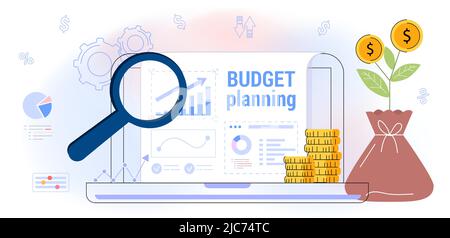Budgetplanung Vektor-Illustration flaches Konzept Finanzbuchhaltung Berechnung finanzieller Einnahmen und Ausgaben Steuerpflichtige Steuerlast Besteuerung fiskalischer Poli Stock Vektor