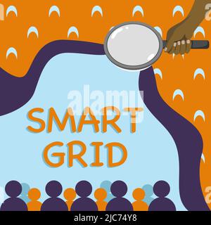 Text mit Inspiration Smart Grid. Wort für umfasst Betriebs- und Energiemaßnahmen, einschließlich der Untersuchung von Hand-Vergrößerungsglas für Messgeräte Stockfoto