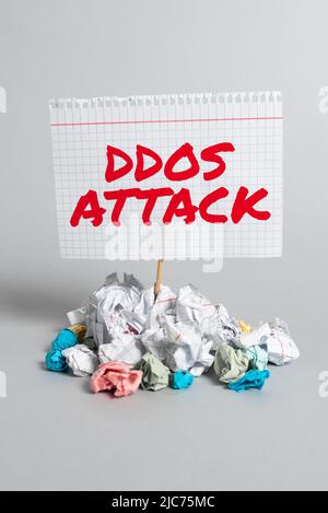 Konzeptioneller Titel DDoS-Angriff. Geschäftskonzept-Täter versucht, Netzwerkressourcen nicht verfügbar zu machen -47804 Stockfoto