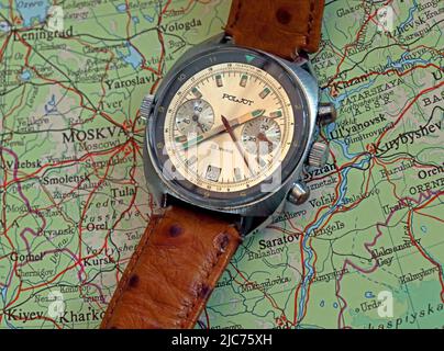 Poljot Sowjetischer Chronograph, Erste Moskauer Uhrenfabrik, Russland Stockfoto