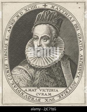 Porträt von Matthias Erzherzog von Österreich und Kaiser des Heiligen Römischen Reiches, oval mit Randprägung. Unter dem Porträt sein Motto: Amat victoria curam. Porträt von Matthias Erzherzog von Österreich, Druckerei: Lambert Cornelisz., , Amsterdam, 1594, Papier, Gravur, H 97 mm × B 80 mm Stockfoto