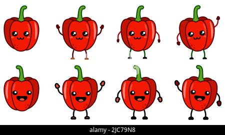 Süße Kawaii Stil rote Paprika Gemüse-Ikone, lächelnd. Version mit erhobenen, abwärts und winkenden Händen Stock Vektor