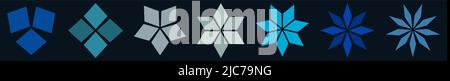 Rhomben- oder diamantartige Formen, die um die Mitte angeordnet sind und Objekte bilden, die der Schneeflocke ähneln. Version mit unterschiedlicher Anzahl von Punkten Stock Vektor