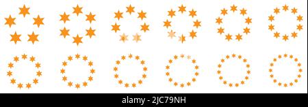 Kreis aus sechs spitzen Sternen, Version mit fünf bis sechzehn Objekten, kann als Infografik-Element verwendet werden Stock Vektor
