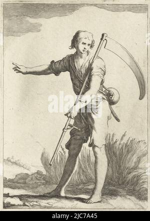 Ein Schnitter mit einer Sense in der Hand zeigt auf das Feld, Summer Astas the Four seasons , Druckerei: Frederick Bloemaert, nach: Abraham Bloemaert, Verlag: Nicolaes Visscher (I), Druckerei: Utrecht, Verlag: Amsterdam, 1632 - 1670, Papier, Gravur, Radierung, H 165 mm × B 110 mm Stockfoto