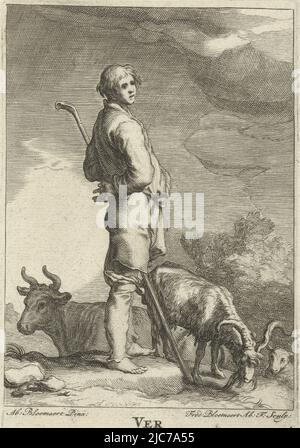 Ein Hirte steht inmitten seiner ruhenden und weidenden Herde, Spring Ver the Four Seasons , Druckerei: Frederick Bloemaert, (auf Objekt erwähnt), nach: Abraham Bloemaert, (auf Objekt erwähnt), Verlag: Nicolaes Visscher (I), (auf Objekt erwähnt), Druckerei: Utrecht, Verlag: Amsterdam, 1632 - 1670, Papier, Gravur, H 165 mm × B 110 mm Stockfoto