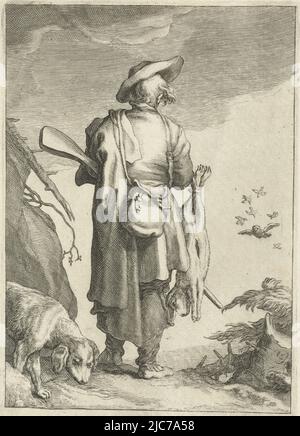 Ein Jäger, von hinten gesehen, mit einem Gewehr, einer Tasche und einem Schuss Wild auf dem Heimweg, Herbstherbst die vier Jahreszeiten, Druckerei: Frederick Bloemaert, nach: Abraham Bloemaert, Verlag: Nicolaes Visscher (I), Druckerei: Utrecht, Verlag: Amsterdam, 1632 - 1670, Papier, Gravur, Radierung, H 165 mm × B 110 mm Stockfoto