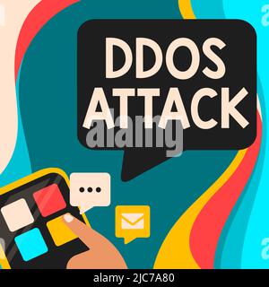 Konzeptioneller Titel DDoS-Angriff. Geschäftskonzept Täter versucht, Netzwerk-Ressource nicht verfügbar zu machen Finger Drücken der Anwendungstaste präsentieren Stockfoto