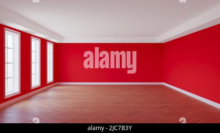Leeres Zimmer mit roten Wänden, weißer Deckenverkleidung, drei großen Fenstern, Parkettboden und einem weißen Sockel. Unmöbliertes Interior-Konzept. 3D Rendern mit einem Arbeitspfad unter Windows. 8K Ultra HD, 7680x4320 Stockfoto