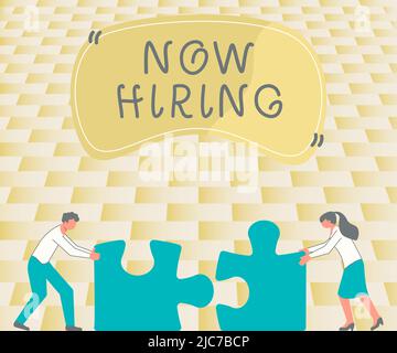 Schreiben, Text anzeigen Jetzt einstellen. Geschäftsidee Ankündigung, dass bestimmte Unternehmen auf der Suche nach neuen Talenten Kollegen Conencting Two Pieces Jigsaw Stockfoto