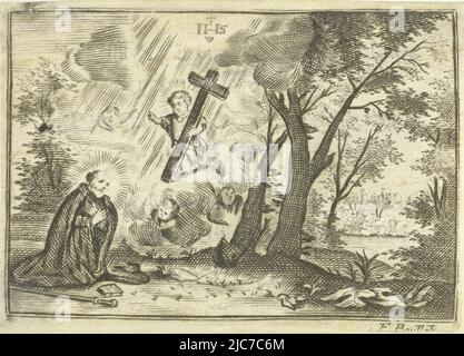 Ein nicht identifizierter Heiliger (wahrscheinlich aus dem Jesuitenorden) erhält eine Vision von Christus in einem bewaldeten Gebiet. Er kniet und faltet seine Hände vor seiner Brust, während sich aus den Wolken aufbrechen und ihm das Christkind mit dem Kreuz in den Händen erscheint. Um die Wolken fliegen Cherubim. Oben in den Wolken das Monogramm Christi (IHS). Rückseitig ein Gebetsbild von 1807 für Henricus-Josephus Lunden von Antwerpen, Heiliger mit Christus-Vision, Druckerei: Frederik Bouttats (I), (auf Objekt erwähnt), Antwerpen, 1600 - 1661 und/oder 1807, Papier, Gravur, H 68 mm × B 97 mm Stockfoto