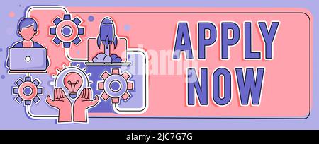Text wird angezeigt Jetzt anwenden. Business-Ansatz eine Handlung einer Person, um den Job im Zusammenhang mit dem Beruf Hände halten Lampe Rocket mit zu erwerben Stockfoto