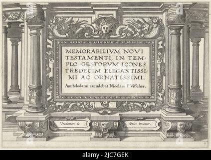 Architekturtitel für eine Serie von 13 Drucken, die Veranstaltungen des Neuen Testaments rund um den Tempel darstellen, Memorabilivm Novi Testamenti in templo gestorvm icones tredecim elegantissimi ac ornatssimi , Druckerei: Lucas van Doetechum, Hans Vredeman de Vries, (abgelehnte Namensnennung), G. van Groeningen, Druckerei: Antwerpen, Verlag: Amsterdam, c. 1659 - c. 1677, Papier, Gravur, Radierung, H 205 mm × B 288 mm Stockfoto