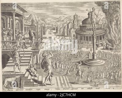 König Nebukadnezar ließ eine goldene Statue errichten und befahl, dass sich jeder vor der Statue beugen müsse. Beim Klang der Trompete verbeugt sich eine Menge vor der Statue. Ein Mann erzählt dem König links vom Balkon, dass sich Shadrach, Meshach und Abednego weigern, sich zu beugen. Die drei Männer werden in der Mitte des Hintergrundes gefangen genommen. Ganz rechts wird ein Ofen angezündet, um jeden zu verbrennen, der sich nicht beugt. Unterhalb der Szene ein lateinischer Hinweis auf den Bibeltext in Dan. 3, König Nebukadnezar und die Anbetung der goldenen Statue Geschichte von Daniel Thesaurus sacrarum historiarum veteris testamenti , drucken Stockfoto