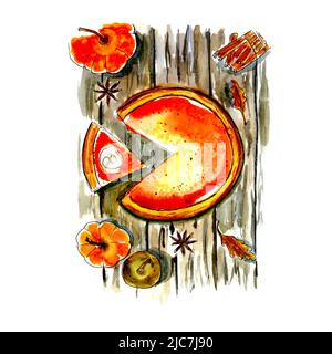 Aquarell bunte Skizze Kürbiskuchen auf Holzoberfläche mit Gewürzen, Lebensmittel-Illustration Stockfoto