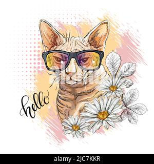 Sphinx Katzenkopf in Sonnenbrillen und Blumen. Hallo Lettering Zitat. Handgezeichneter Druck. Vektorgrafik isoliert auf Weiß. T-Shirt-Komposition, Stock Vektor