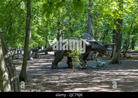 Jurassic Encounter feiert sein Debüt in Großbritannien im Grovelands Park in Southgate, London. Jurassic Encounter ist ein Familienevent, eine interaktive Installation von 50 lebensgroßen animatronischen Dinosauriern aus der Jurazeit, der Trias und der Kreidezeit. Jeder Dinosaurier hat Roboterbewegungen, Arme bewegen sich auf und ab, Schwänze wiegen sich von Seite zu Seite, Köpfe bewegen sich auf und ab, Augen blinken, Kiefer öffnen sich weit mit realistisch brüllenden Soundeffekten. Mit: Atmosphäre wo: London, Großbritannien Wann: 23 Jul 2021 Kredit: Phil Lewis/WENN Stockfoto