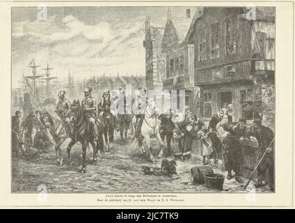 Der Herzog von Alva verlässt Amsterdam. Alva zu Pferd, begleitet von einer Eskorte spanischer Soldaten, die mit gesenktem Kopf durch die Straßen Amsterdams reiten, Alva verlässt Amsterdam, 1573 Alva's letzte Fahrt entlang des Buitenkant in Amsterdam, Druckerei: Emil Ost, (auf Objekt erwähnt), nach: Nicolaas van der Waay, (auf Objekt erwähnt), nach: Ernst Witkamp, (erwähnt auf Objekt), Belgien, 1883 - 1885, Papier, H 217 mm × B 311 mm Stockfoto