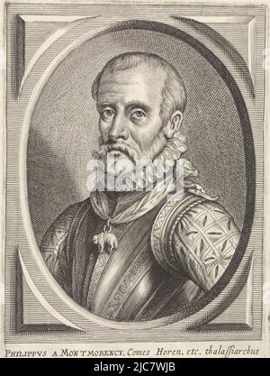 Büstenteil von Philips de Montmorency, Graf von Horne. Um seinen Hals trägt er ein Band mit einem Anhänger des Ordens vom Goldenen Vlies. Das Porträt ist in ein Oval gerahmt. Am Rand befindet sich eine zweizeilige lateinische Bildunterschrift, Porträt von Philip de Montmorency, Druckerei: Pieter de Jode (II), (auf Objekt erwähnt), Herausgeber: Joannes Meyssens, (auf Objekt erwähnt), Antwerpen, 1628 - 1670, Papier, Radierung, Gravur, H 179 mm × B 117 mm Stockfoto