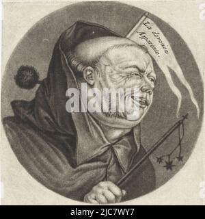 Ein Mönch mit einer Peitsche und einer Fahne mit dem Text 'La Devotion Apparente'. Der Druck ist Teil einer Serie mit Karikaturen des französischen Klerus unter Ludwig XIV., Mönch mit Peitsche La Poenitence Karikaturen über den französischen Klerus unter Ludwig XIV., (A) Renversement de la Moral Chr, Druckerei: Jacob Gole, Cornelis Dusart, 1670 - 1724 und/oder 1693 - 1700, Papier, Gravur, H 115 mm × B 90 mm Stockfoto