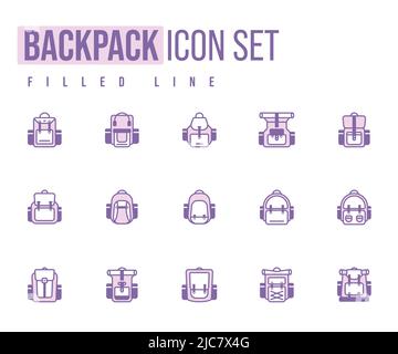 Einfacher Satz von Rucksack Verwandte Vektor-Linie Icons. Lineare Stil Zeichen für mobile Konzept und Web-Design. Vektor-Symbol für mit Rucksack gefüllte Linien. Symbol, Logo Stock Vektor