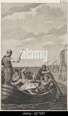 In dem Boot, das ihn an Land bringen sollte, wird Pompey von Septimius in den Rücken gestochen. Auch Salvius und Achilles ziehen ihre Dolche. Pompey ist hilflos und zieht seine Robe über seinen Kopf. Tod von Pompey, Druckerei: Ludwig Gottlieb Portman, Amsterdam, 1800, Papier, Radierung, H 199 mm × B 133 mm Stockfoto