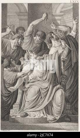 Julius Caesar wird während einer Senatssitzung von Marcus Brutus und anderen politischen Gegnern ermordet. Mord an Julius Caesar, Druckerei: Ludwig Gottlieb Portman, (auf Objekt erwähnt), Zeichner: Jacques Kuyper, (auf Objekt erwähnt), Amsterdam, 1801, Papier, Ätzung, H 210 mm × B 128 mm Stockfoto