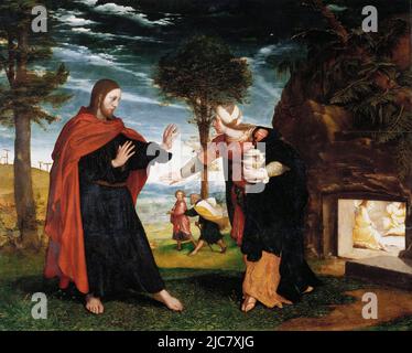 Noli me Tangere von Hans Holbein dem Jüngeren (1497–1543). Dieses Gemälde zeigt den Moment, in dem Maria Magdelene den auferstandenen Jesus wiedererkennt. Sie greift nach ihm, aber er bittet sie, ihn nicht zu berühren (Noli me tangere), da er noch nicht in den Himmel aufgestiegen ist. Stockfoto