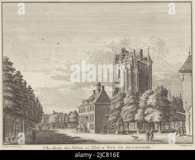 Blick auf den Marktplatz in Wijk bij Duurstede, mit dem Rathaus und dem Turm der Großen Kirche, Blick auf den Marktplatz in Wijk bij Duurstede, den Marktplatz, das Rathaus und die Kirche in Wyk te Duurstede, Druckerei: Hendrik Spilman, (auf Objekt erwähnt), Jan de Beijer, (auf Objekt erwähnt), Herausgeber: Weduwe Isaak Tirion, (möglicherweise), Druckerei: Haarlem, Verlag: Amsterdam, 1745 - 1772, Papier, Radierung, Gravur, H 167 mm × B 213 mm Stockfoto