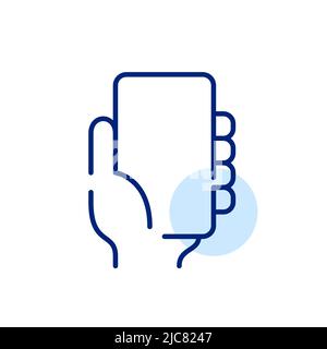 Hand hält ein Smartphone-Modell. Pixel-perfektes, bearbeitbares Strichliniensymbol Stock Vektor