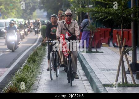 Mitglieder der Onthel Community fahren gemeinsam mit der Indonesischen Old Bike Community um die Stadt, um den Weltfahrradtag zu feiern Stockfoto